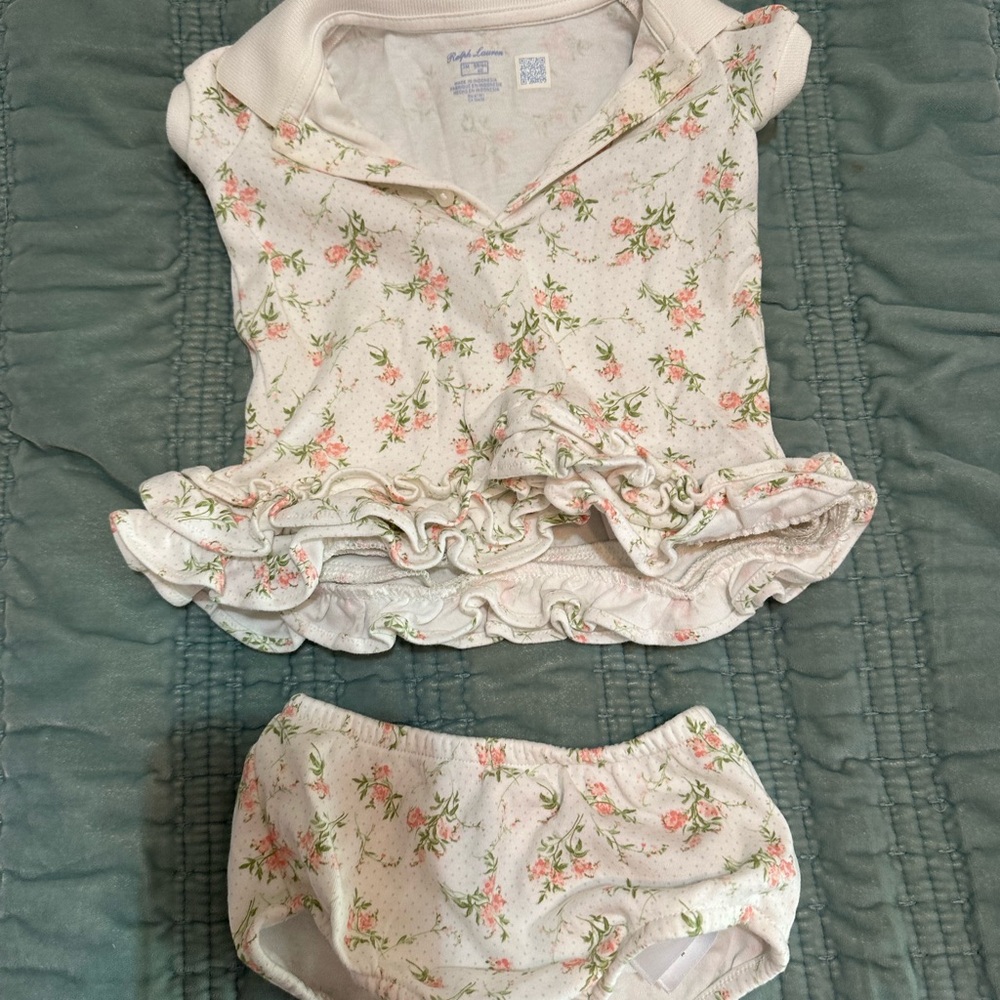 Ralph Lauren Pink and Cream Floral Ruffle Top with Matching Bloomers